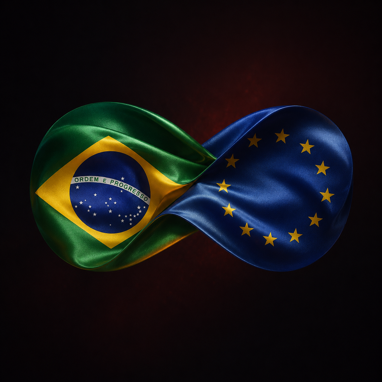 Bandeiras do Brasil e da Europa entrelaçadas em forma de infinito — venda nos dois mercados ao mesmo tempo